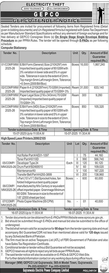 GEPCO Gujranwala Tender Notice